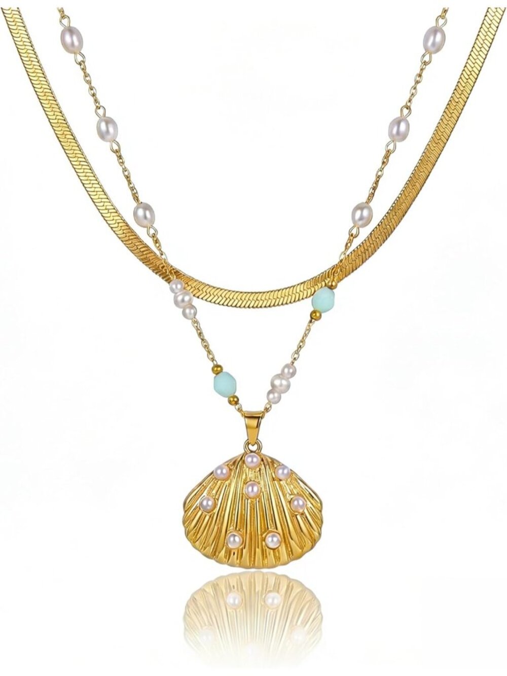 Women's Glod Marine Fish Shell Pearl Pendant Detachable Double Ocean Necklace